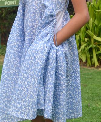 Blue printed cotton skyblue a line dress with pockets 5