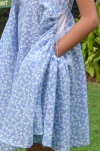 Blue printed cotton skyblue a line dress with pockets