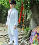 White embroidered georgette white faux mirror boys kurta