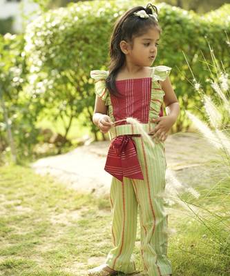Maroon plain cotton red and green cotton coord set 1