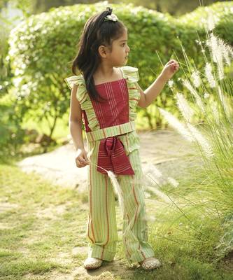 Maroon plain cotton red and green cotton coord set 2