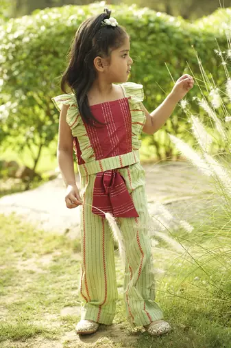 Maroon plain cotton red and green cotton coord set
