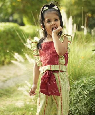 Maroon plain cotton red and green cotton coord set 3