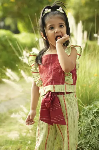 Maroon plain cotton red and green cotton coord set