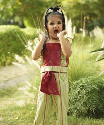 Maroon plain cotton red and green cotton coord set 4