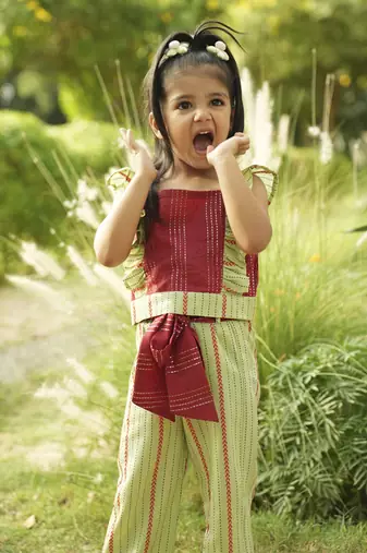 Maroon plain cotton red and green cotton coord set