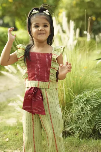 Maroon plain cotton red and green cotton coord set