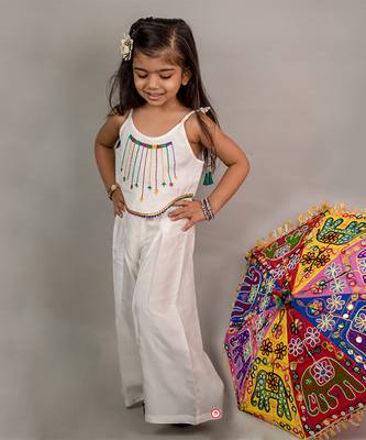 White plain cotton white coord set with multicolor thread work 1