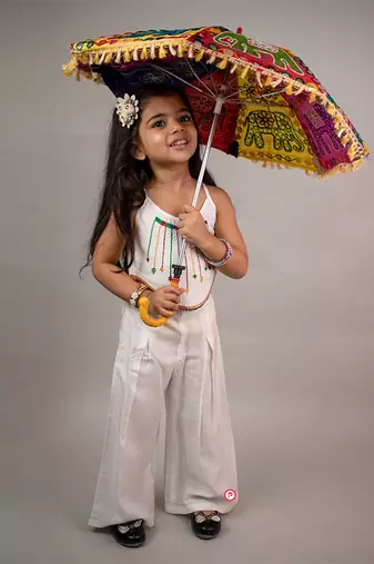 White plain cotton white coord set with multicolor thread work