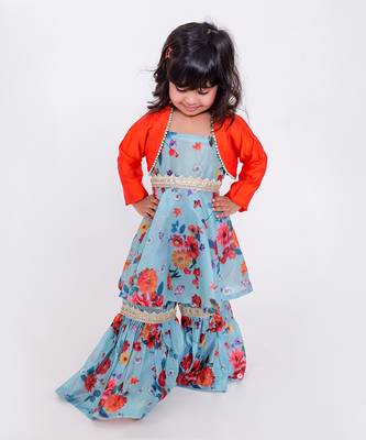 Green printed cotton silk floral suit with adjustable straps and jacket 1