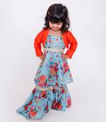 Green printed cotton silk floral suit with adjustable straps and jacket