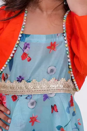 Green printed cotton silk floral suit with adjustable straps and jacket