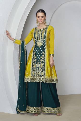 Art Silk Sequins Embroidery Kurta Palazzo Set with Dupatta for Women 