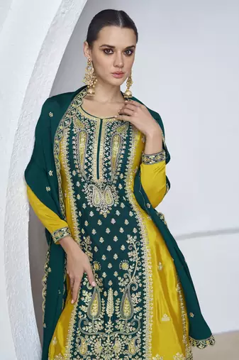 Trendmalls Art Silk Sequins Embroidery Kurta Palazzo Set with Dupatta for Women 