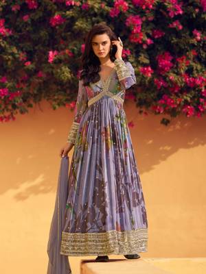 Purple embroidered chinon free size anarkali suit 1