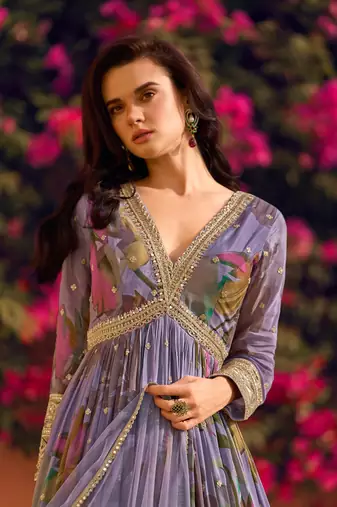 Purple embroidered chinon free size anarkali suit