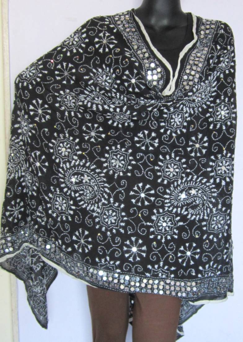 Black White Hand Embroidered Phulkari Dupatta Stole Shawl