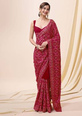 Red Vichitra Silk Embroidered Swarovski work Saree with Unstitched Blouse Piece  1