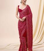 Red Vichitra Silk Embroidered Swarovski work Saree with Unstitched Blouse Piece 