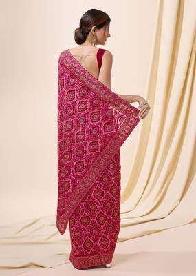Red Vichitra Silk Embroidered Swarovski work Saree with Unstitched Blouse Piece  2