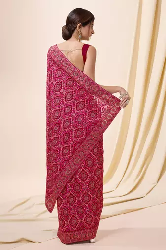 Trendmalls Red Vichitra Silk Embroidered Swarovski work Saree with Unstitched Blouse Piece 