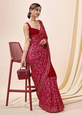 Red Vichitra Silk Embroidered Swarovski work Saree with Unstitched Blouse Piece  3