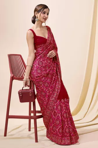 Trendmalls Red Vichitra Silk Embroidered Swarovski work Saree with Unstitched Blouse Piece 