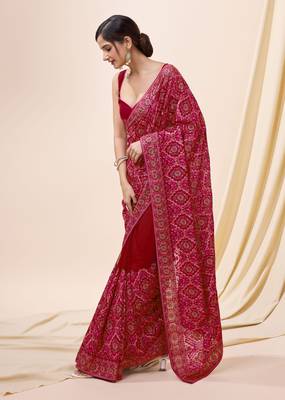 Red Vichitra Silk Embroidered Swarovski work Saree with Unstitched Blouse Piece  4