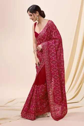 Trendmalls Red Vichitra Silk Embroidered Swarovski work Saree with Unstitched Blouse Piece 