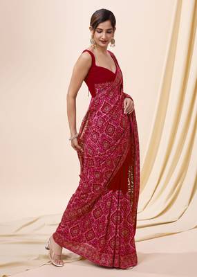 Red Vichitra Silk Embroidered Swarovski work Saree with Unstitched Blouse Piece  5