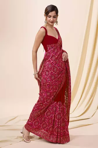 Trendmalls Red Vichitra Silk Embroidered Swarovski work Saree with Unstitched Blouse Piece 