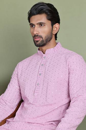 Light purple embroidered & sequins cotton kurta pyjama