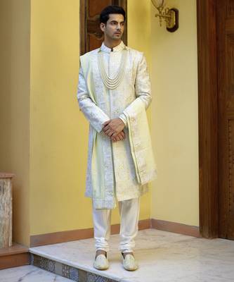 Green embroidered mirror work cotton silk zahid sherwani (mint green) 1