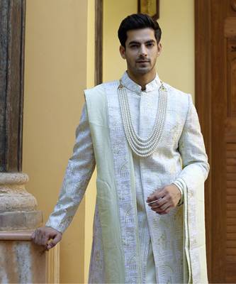 Green embroidered mirror work cotton silk zahid sherwani (mint green) 2