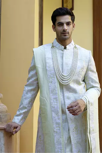 Green embroidered mirror work cotton silk zahid sherwani (mint green)