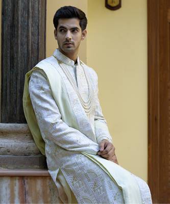 Green embroidered mirror work cotton silk zahid sherwani (mint green) 3