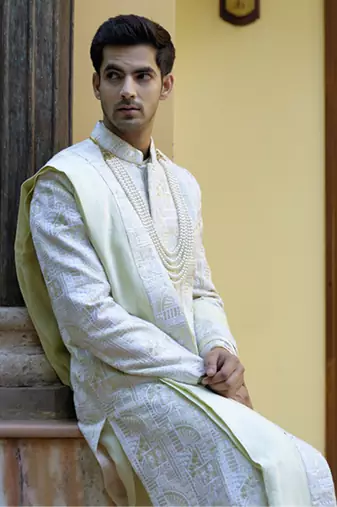 Green embroidered mirror work cotton silk zahid sherwani (mint green)