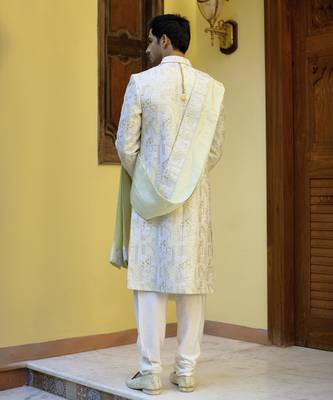 Green embroidered mirror work cotton silk zahid sherwani (mint green) 5