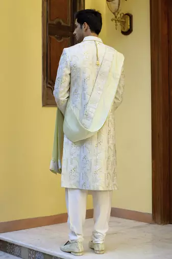Green embroidered mirror work cotton silk zahid sherwani (mint green)