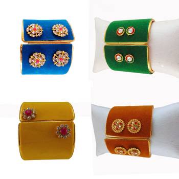 Free size brass 4 multi color kundan stud bracelet combo 3
