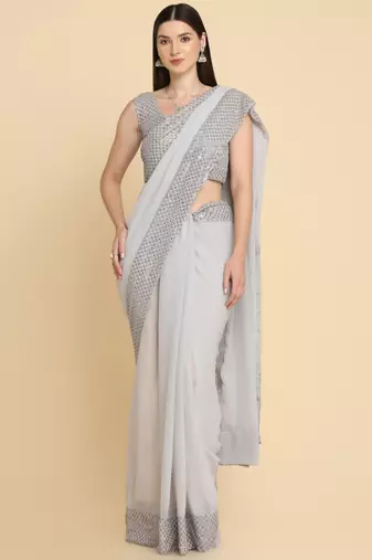 Grey chiffon embroidery party wear fancy saree
