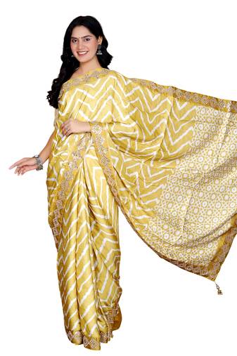 Yellow digital print silk blend handwok saree for women