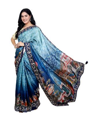 Blue digital madhubani print silk blend gota patti work saree 1