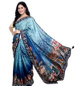 Blue digital madhubani print silk blend gota patti work saree
