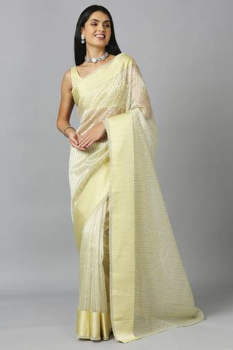 Light lemon organza stone work party wear designer saree