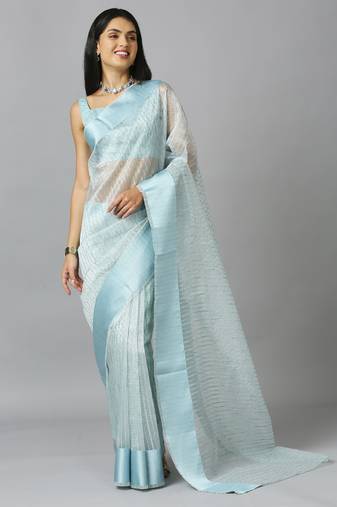 Aqua blue organza stone work party wear designer saree