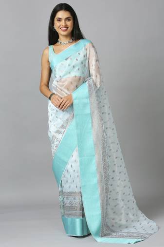Aqua blue organza tie dye party wear designer saree