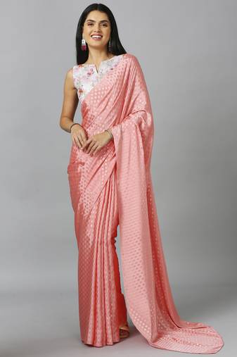 Baby pink chiffon resham embroidery party wear designer saree