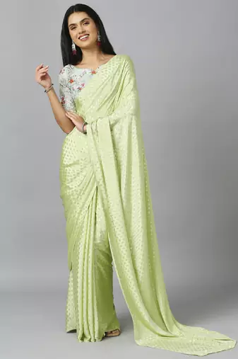 Lime chiffon resham embroidery party wear designer saree