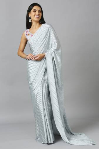 Grey chiffon resham embroidery party wear designer saree